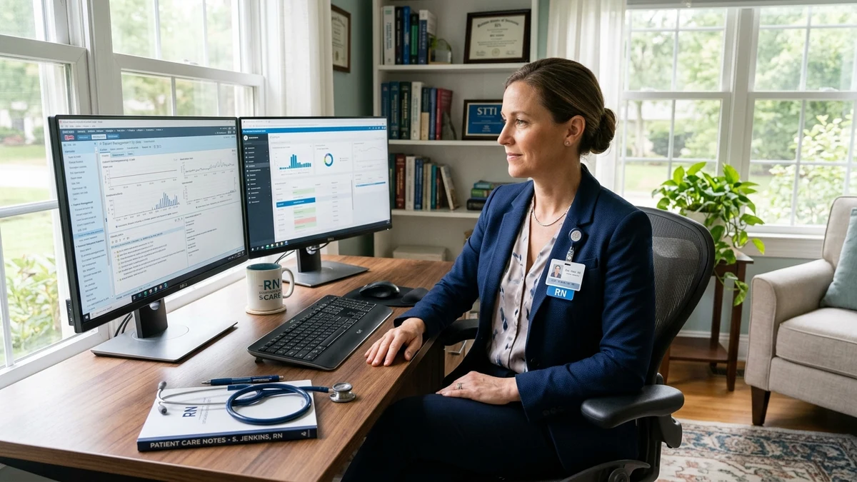 Registered Nurse reviewing clinical care management records on dual diagnostic monitors in an ergonomic home office