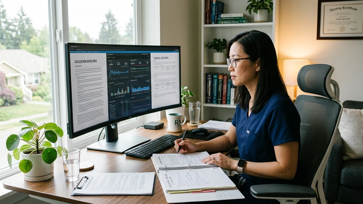 Registered Nurse reviewing utilization review criteria on an ultrawide monitor in an ergonomic clinical workspace
