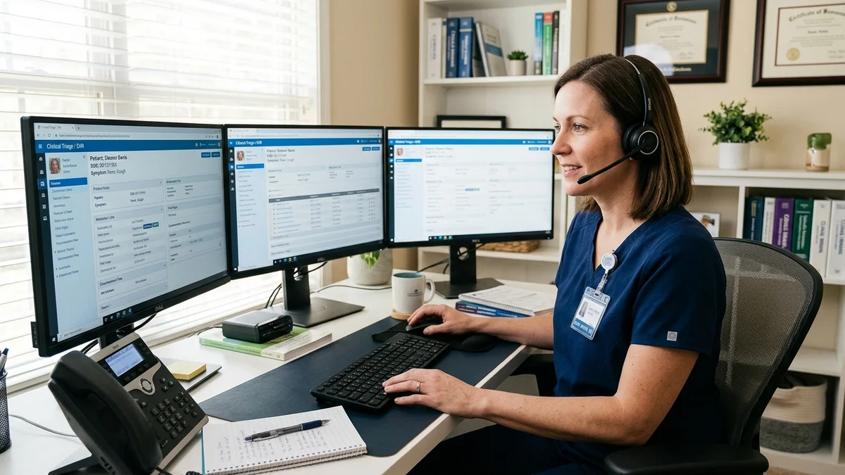 Licensed triage nurse providing remote patient assessments using multi-screen telehealth triage algorithms