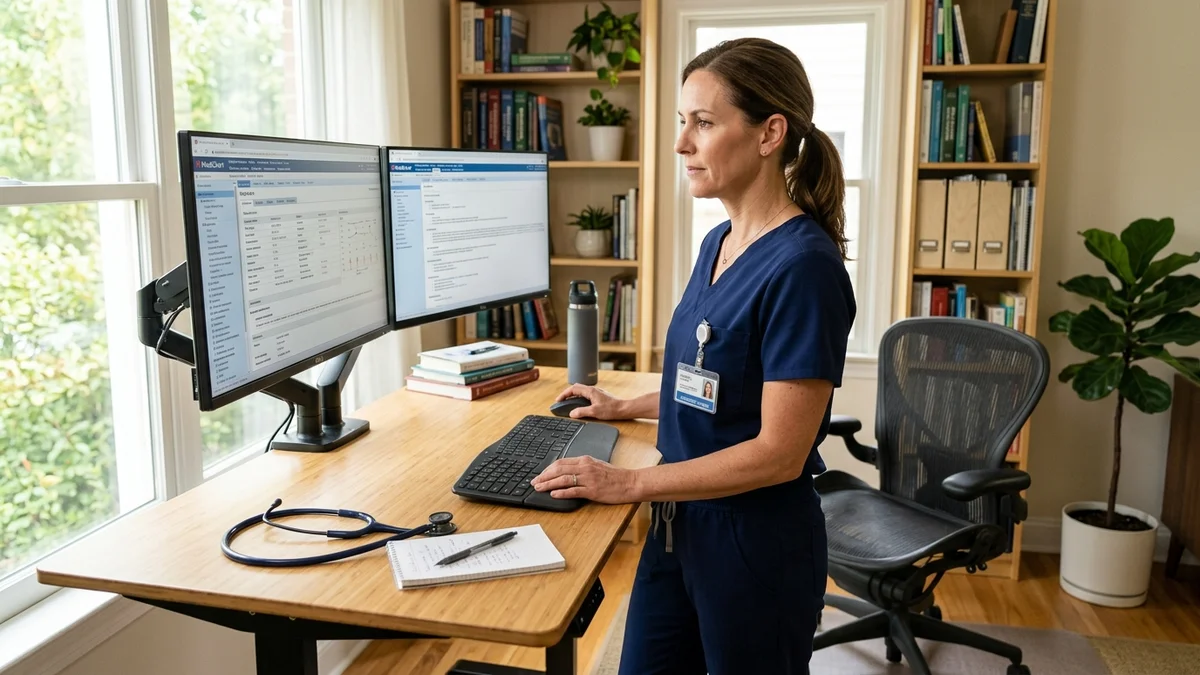 Licensed registered nurse in clinical scrubs reviewing medical records at an ergonomic standing desk home office